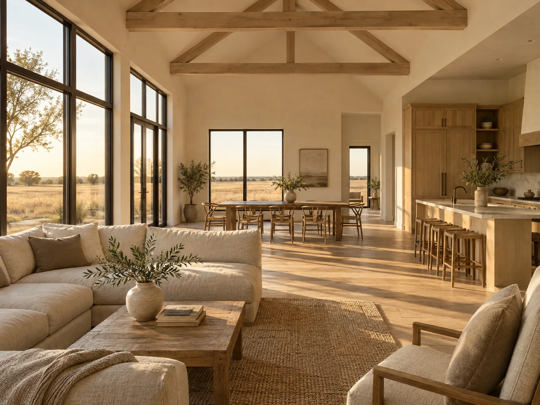 Architectural concept of a warm oak and cream barndominium great room overlooking Kansas prairie
