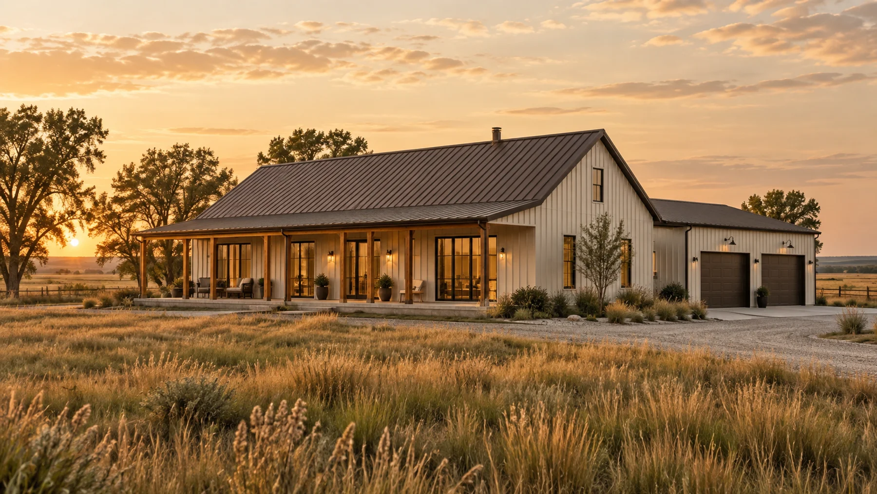Architectural concept of a warm ivory barndominium, deep front porch and attached shop on golden Kansas prairie