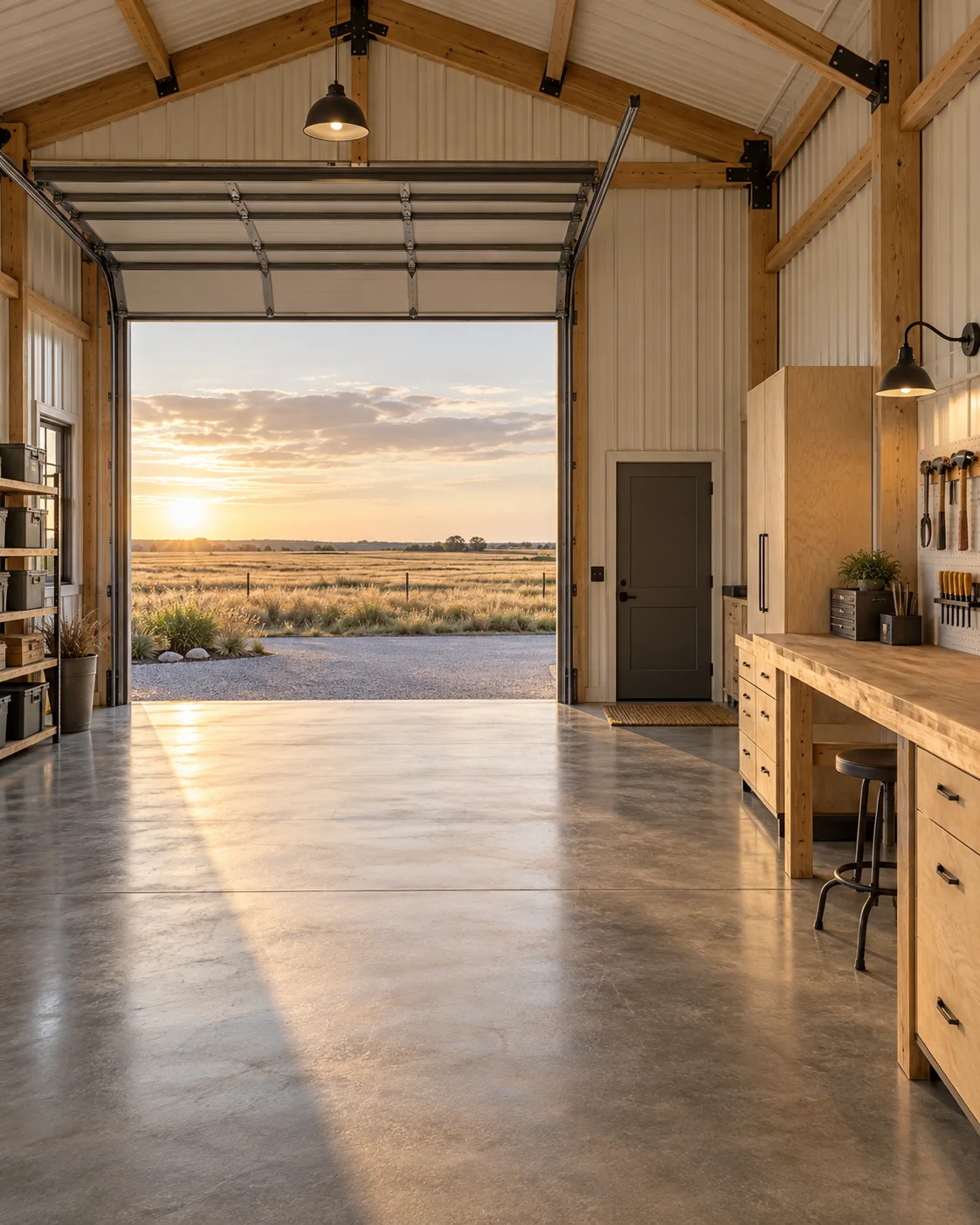 Architectural concept of an organized timber workshop opening to Kansas prairie